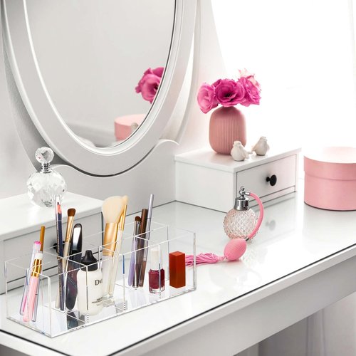 Yulejo 8 Slot Clear Acrylic Pen Holder Makeup Brushes Organizer Holder Eyebrow Pen Container Bathroom Storage Square Cube Deep Organizer Countertop Storage Pencil Display Case for Office Desk