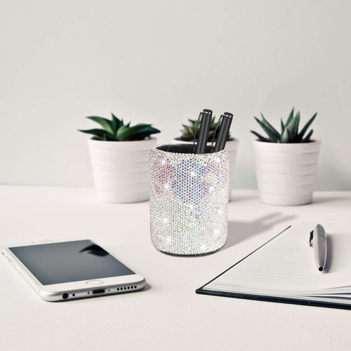 KEYPOWER Crystal Pencil Pen Pot Holder Box Bling Rhinestone Pen Organizer Holder Cosmetic Pen Container Comb Brushes Personalized (Round)(AB Color)
