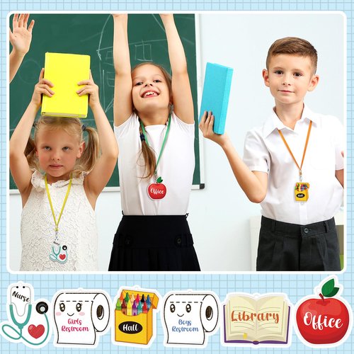 Weekgrat 6 Sets Acrylic Back to School Hall Pass Lanyards Unbreakable School Passes Set for Teachers Cute Classroom Passes for Bathroom, Office, Library and Nurse Classroom Supplies(Cute)