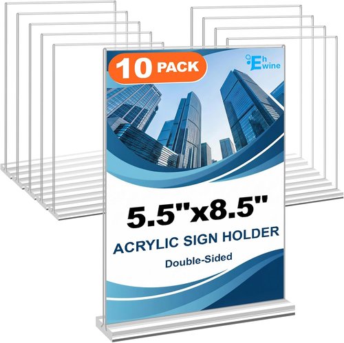 EHWINE Acrylic Sign Holder - 10 Pack Double-Sided Tabletop Display Frames | 5.5 x 8.5 Inches, Clear