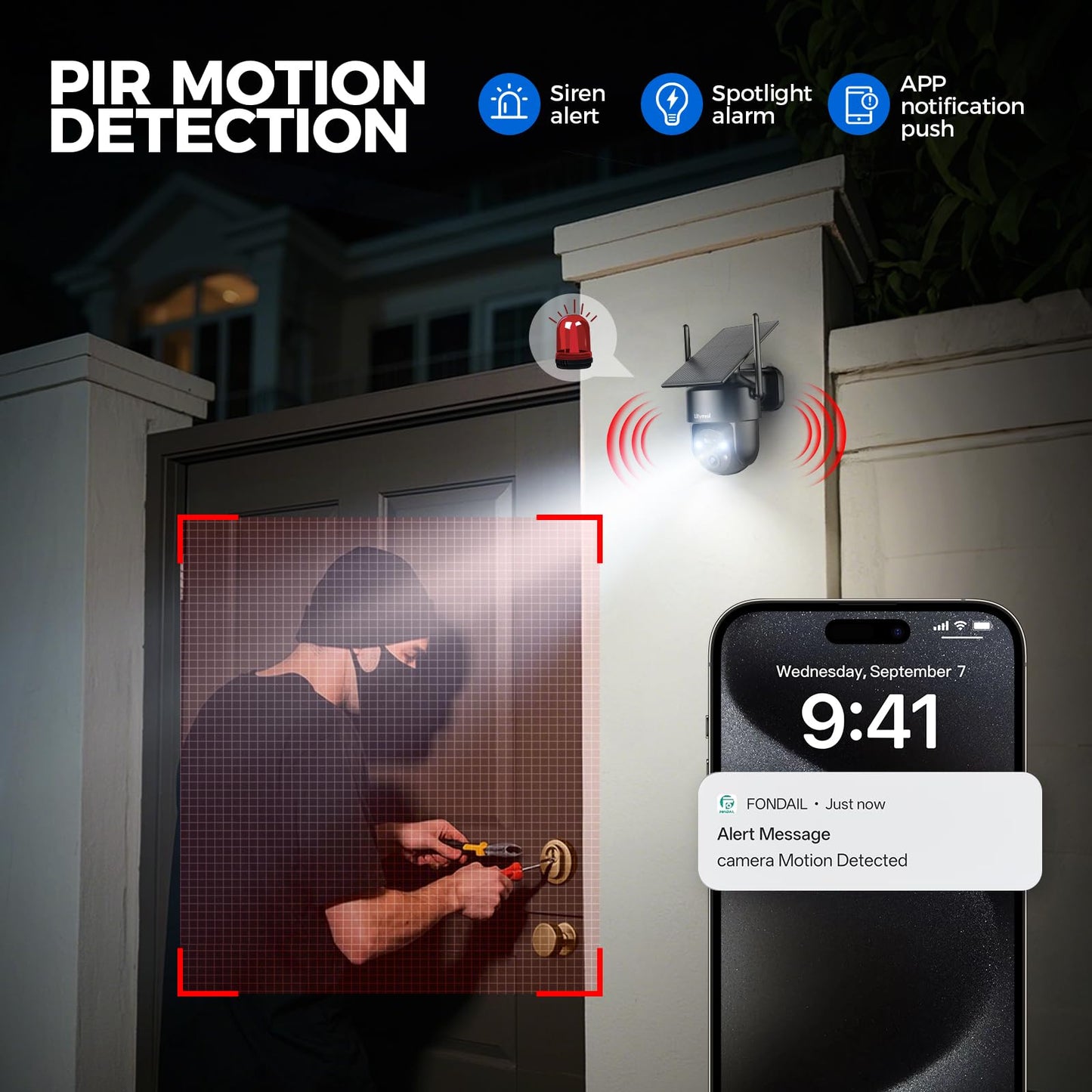 LITYMOL Solar Security Cameras Wireless Outdoor, 2K 360° View Cameras for Home Security, Color Night Vision, AI & PIR Motion Detection, 2-Way Audio, Spotlight Siren Alarm, IP65, SD/Cloud Storage