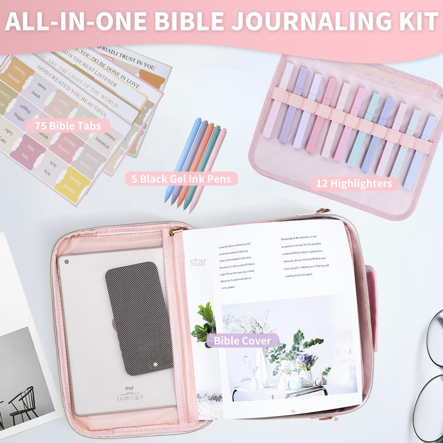 KOPKOFT Bible Cover Case for Women, Large Chenille Letter Leather Bible Case with Bible Study Accessories, Bible Study Supplies Bible Journaling Kit, Christmas Christian Gift for Women Girls (Pink)