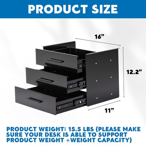 Menkxi 16 Inch Slide out Under Desk Drawer 3 Layer Pull out Desk Organizer Storage Metal Mounted Sliding Hidden Under Counter for Writing Office Sit Stand Workstation, Vertically Stacked, Black