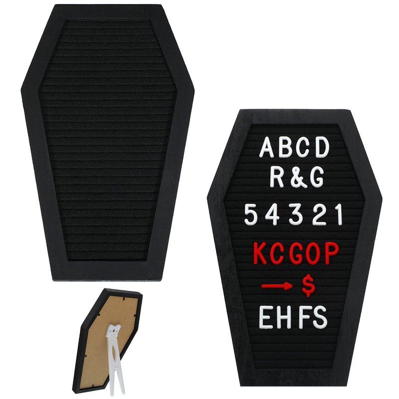 Qeeenar 2 Pieces Black Felt Coffin Letter Board Felt Changeable Letter Board with Letters and Numbers 270 Gothic Decor Message Board for Halloween Party, Home, Office, Bistro and School, 10 x 6 Inch