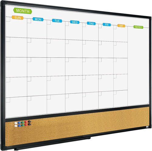 JILoffice Magnetic Calendar Whiteboard & Corkboard Combo - 36x24 Inch Wall-Mounted Board in Black Aluminum Frame