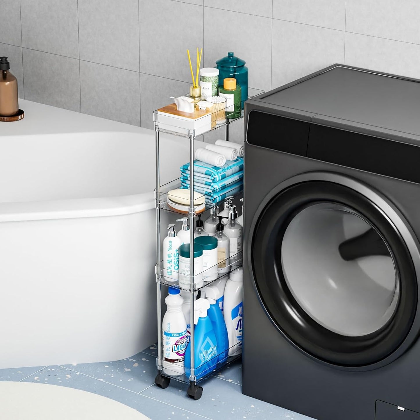 Yieach Clear 3-Tier Slim Rolling Storage Cart - 6.3" Wide Thin Shelves for Small Spaces | Bathroom & Laundry Use