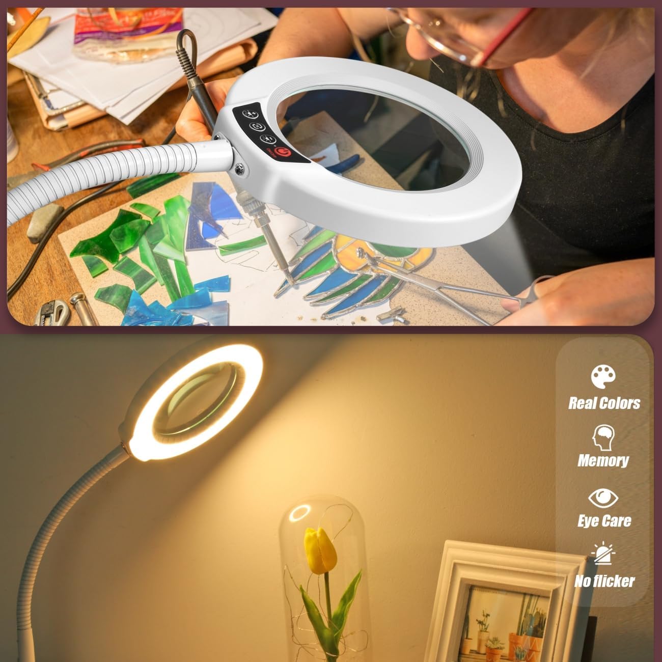 10X Magnifying Glass - LED Lighted Desk Lamp with Flexible Goose-Neck & 5 Color Modes - White