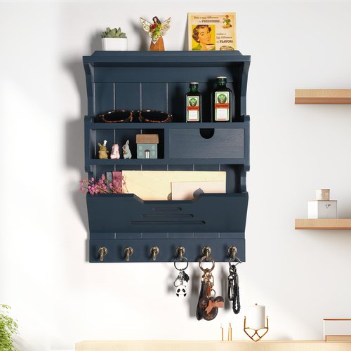 HEKFL Wall Mail Organizer with Storage Drawer and 6 Hooks, Easy Install Key Rack for Entryway and Home Decor, Luxury Gray