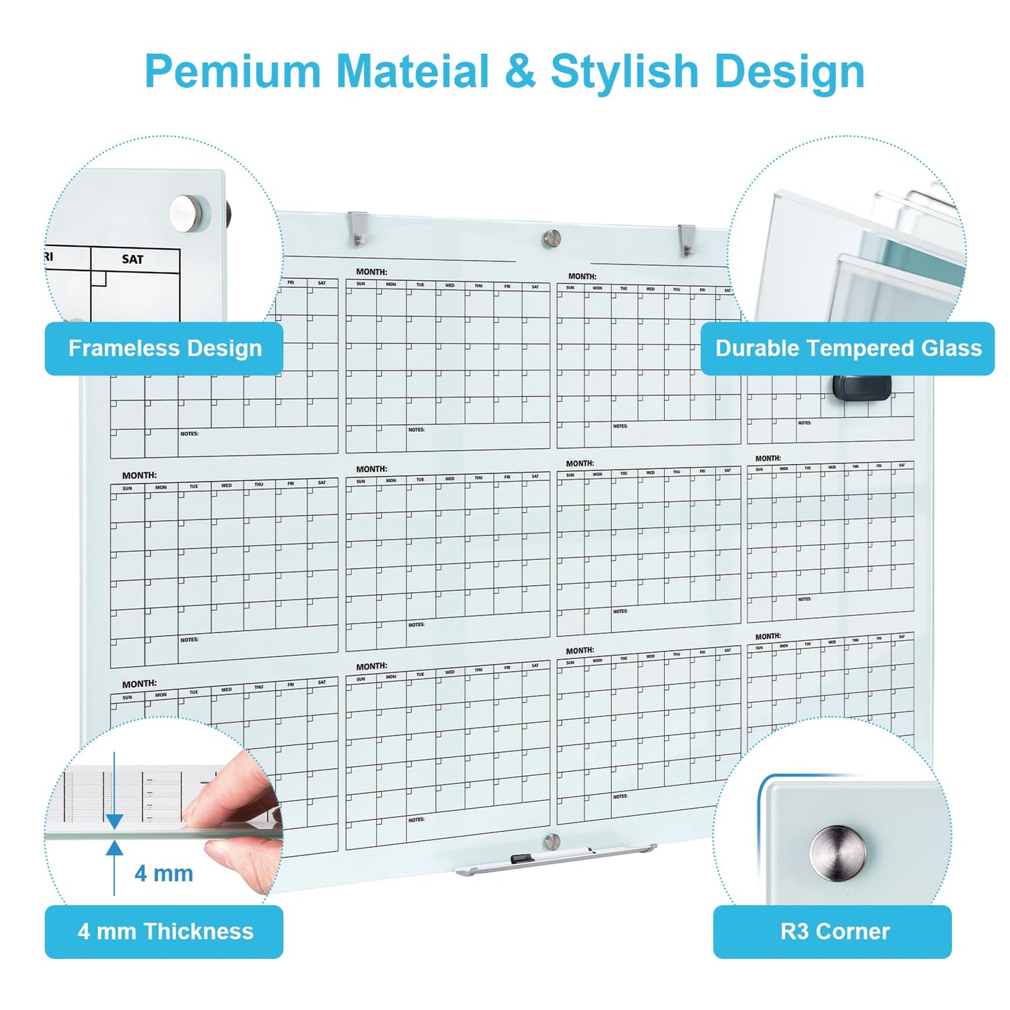 Large Glass Dry Ease Calendar for Wall, 72 x 48 Inches Magnetic Glass Yearly Calendar Whiteboard, 6' x 4' Frameless Planner Board for Office, Home, School