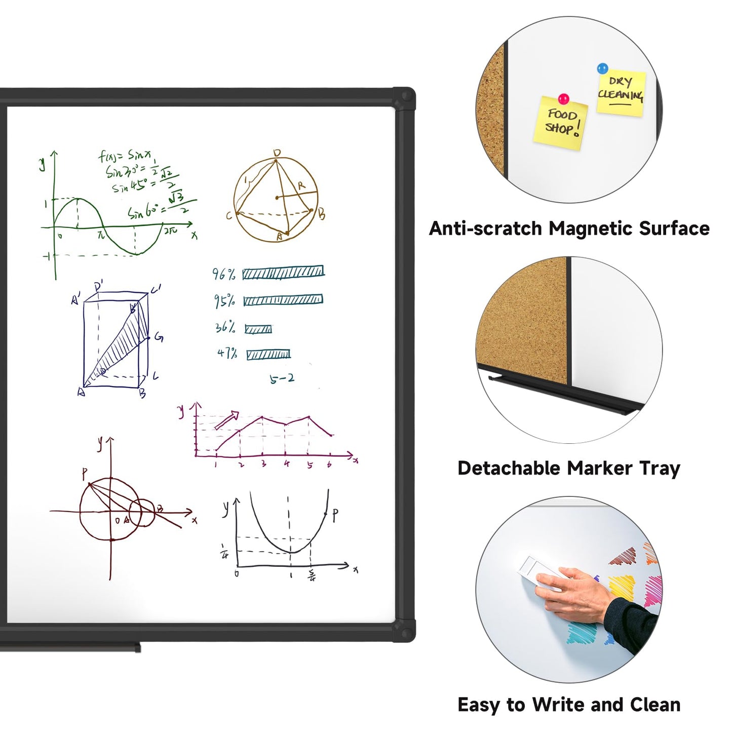 XBoard Magnetic White Board and Cork Board Combo 48" x 36", Black Aluminum Frame