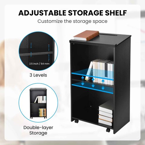 QuicMiou Podium Stand Freestanding Lectern Reception Desk with 4 Wheels, for Speaker with 2 Storage Shelves for Pulpits, Churches, Restaurants, and Classrooms (Black)