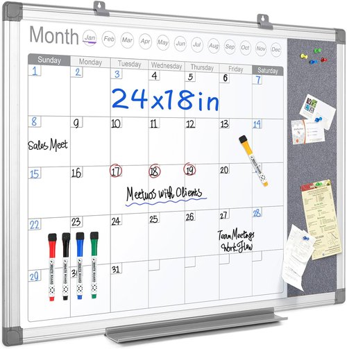 Makello Dry Erase Calendar - 24" x 18" Whiteboard & Grey Felt Board Combo for Home, Office, School