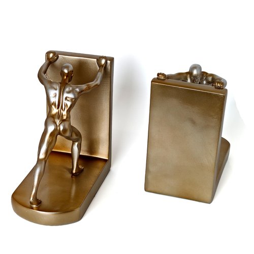 Gold Man Pushing Bookends for Shelves, Modern Resin Decorative Book Ends for Heavy Books, Unique Book Holders for Home Office Desk Decor