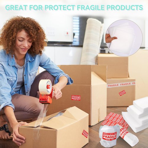 300 Pcs Foam Pouches Set for Packing Dishes, 4 Sizes Cushion Foam Sleeves (16x12, 12x12, 12x7.5, 7.5x7.5) with 100 Fragile Stickers – Protective Cushion Wrap Sleeves for Moving Supplies