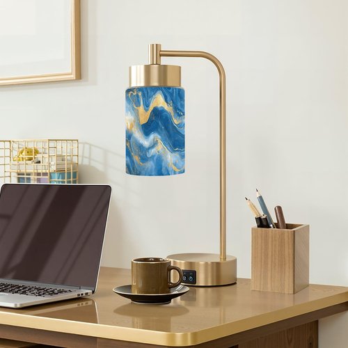 2 Pack Cylinder Glass Lamp Shade Flowing Blue Waves Gold Accents Marbled Texture Dynamic Movement Covers with 1-5/8" Fitter Opening Light Fixture Replacement for Table Lamp Bathroom Vanity Lights