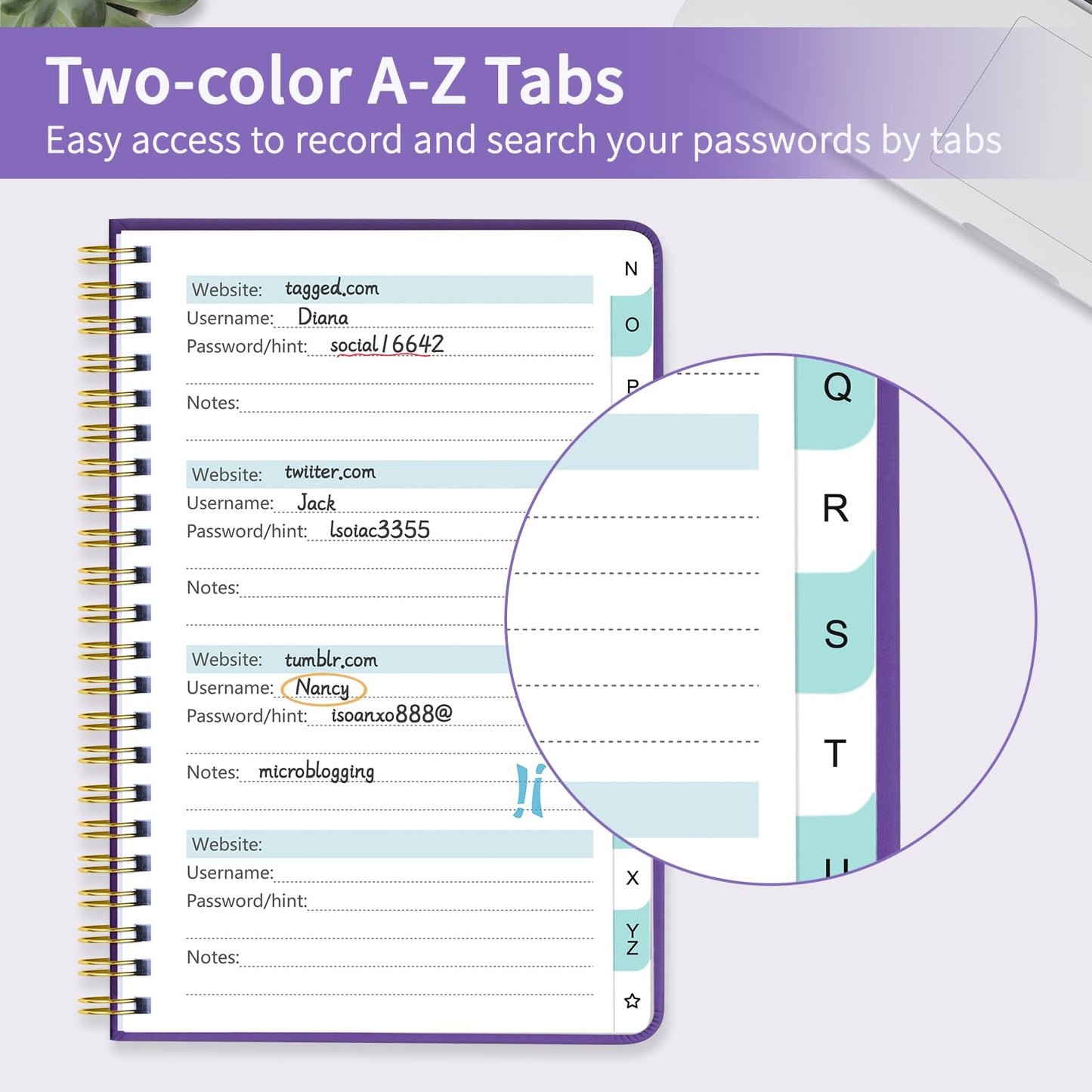 Homlive Spiral Password Book with Individual Alphabetical Tabs, Hardcover Password Keeper Book for Seniors, Password Notebook for Home or Office & Website Address Login-Purple, 5.7" x 7.7"