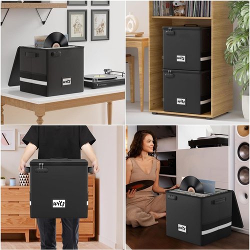 Ohwekit Vinyl Record Storage Box with Lock, Fireproof & Water-Resistant Record Organizer for 100+ 12-inch Vinyl Albums, Collapsible Crate with Lid & Handles, 13"x13"x13" Record Case