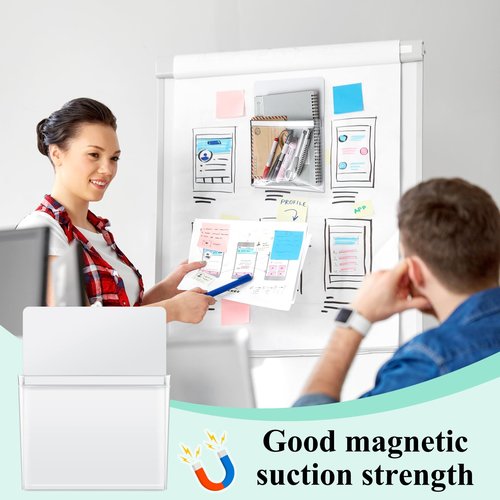 Henoyso 10 Pcs Magnetic File Holder Paper Holder Magnetic Pen Dry Erase Marker Organizer Fridge Pocket Organizer for Whiteboard Refrigerator, 12 x 9.5 in (White)
