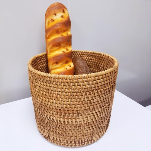 I-LAN Natural Rattan Bread Basket Barrel,Rattan Decor Dried Flower Artificial Greenery Plants Holder,Wicker Flower Pot Cover for Indoor Planter,Rattan Desk Waste Basket,9.5"x9.5"x8.3"