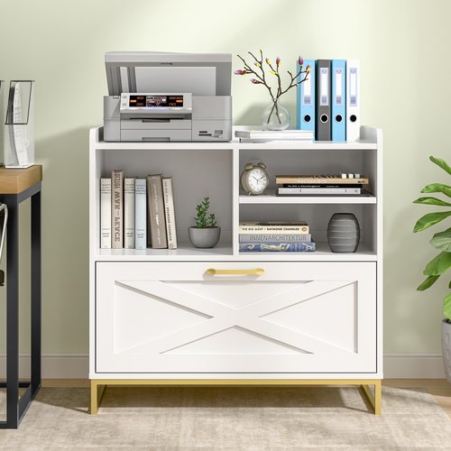Lateral File Cabinet A Large Drawer File Cabinet with Charging Station for Home Office Furniture, Modern Farmhouse Wood File Storage Cabinet with Open Adjustable Shelves, White