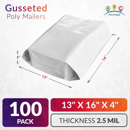 ABC PACK & SUPPLY White Gusseted Poly Mailers, 13 x 16 x 4 Inch. Pack of 100 Expansion Poly Mailers Bags. Shipping Envelopes for Clothing, 2.5 Mil. Plastic Shipping Bags Self Seal. Mailing Packages
