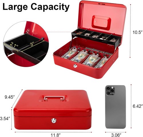 Jssmst Cash Box - Secure Red Money Tray with Key Lock | Large 11.8'' x 9.5'' x 3.5'' Safe Drawer