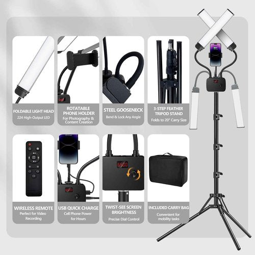 BeeMingle Selfie Light with 75'' Tripod Stand, Dimmable 3 Color LED Dual Arms Ring Light with Phone Holder & Carry Bag for Lash Tattoo Video Photography 45W 95CRI Tripod Floor Lamp