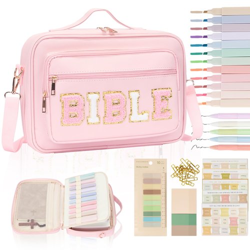 Bible Cover Case for Women Large Bible Bag with Bible Highlighters Tabs Bble Case Leather Western Bible Cover Carrying Tote Bags for Bible Study Accessories (Pink, Large)