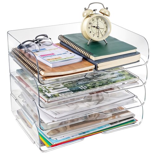 4 Pack Paper Organizer Letter Tray Clear Desk Organizer, Clear PET Desk Rrganizer for Magazines, Binders, Notebooks, Envelopes, Multi-Purpose Plastic Paper Tray Organizer