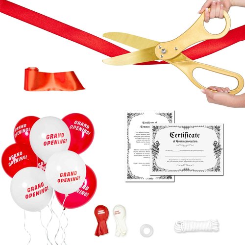 Crutello Ribbon Cutting Ceremony Kit - 21"Giant Gold Scissor with Grand Opening Banner and 30 Foot Large Red Ribbon 4"Wide, 20 Balloons, 90 ft Balloon Ribbons and 20 Feet Banner Rope for Decorations