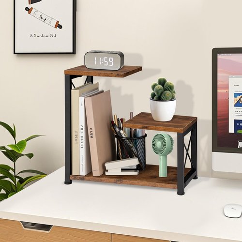GODDGITT Desk Shelf Organizer, 3 Tier Office Desktop Bookshelf, Wood Desk Organizers Storage Rack and Freestanding Display Shelf for Office, Dorm, Kitchen, Home