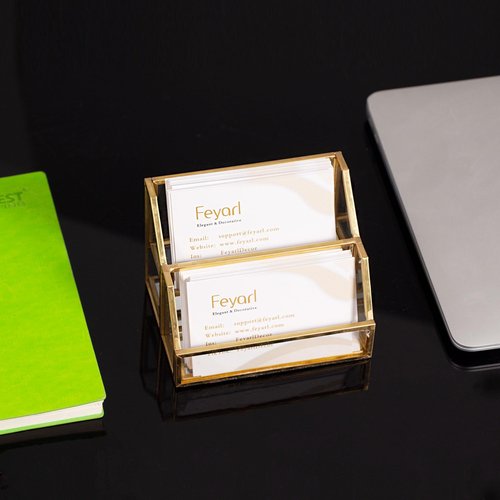 Feyarl Gold Glass Business Card Holder 2 Slots Name Cards Display Stand Business Cards Organizer Storage for Office Meeting Front Desktop Countertop