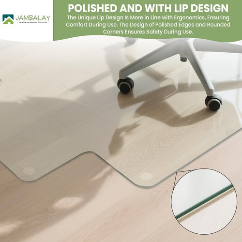 JAMBALAY Irregular Tempered Glass Chair Mat with Lip, 53"x45" Heavy Duty Glass Floor Mat for Carpet/Hard Floors, Carpet Office Chair Mats with Anti-Slip Pads, Thick 0.2″, Clear