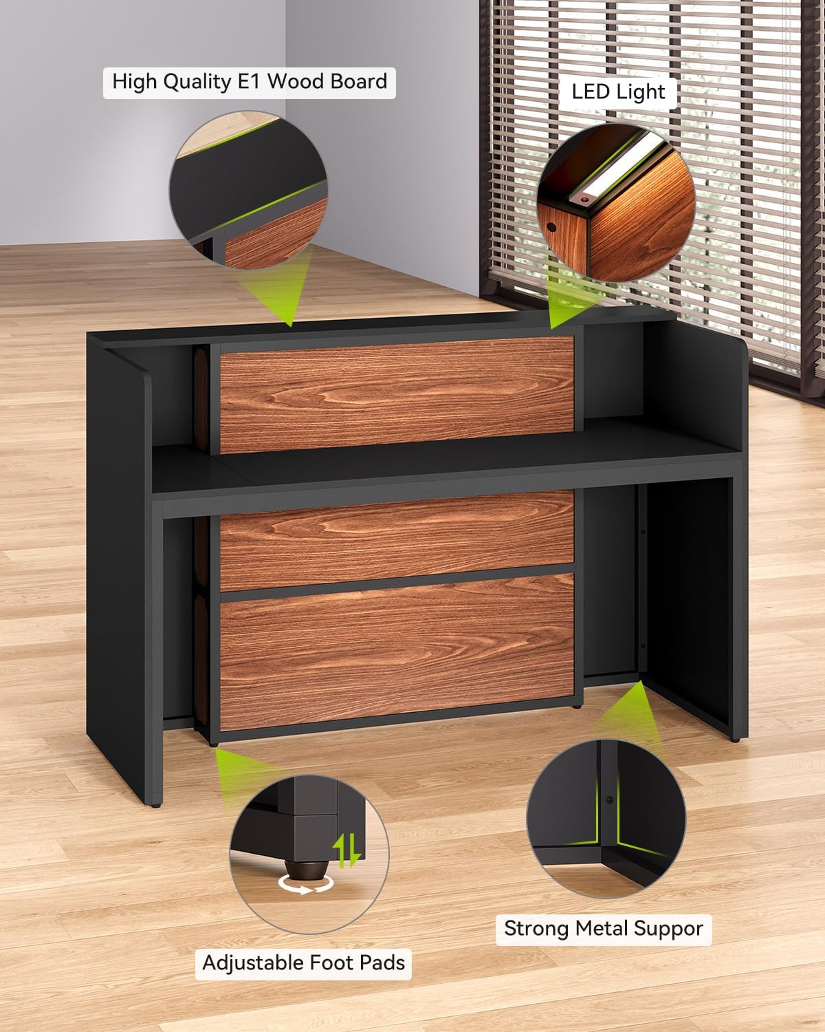 LITTLE TREE 63 Inches Reception Desk, Modern Reception Table with LED Light, Front Counter Desk, Wooden Checkout Counter for Lobbies, Salons, Retail, Home Offices, Reception Room, Black & Brown