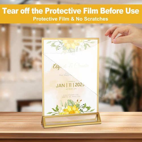 EHWINE Acrylic Sign Holder - 8 Pack Double-Sided 8.5 x 11 Gold Picture Frame Stands | Clear Display for Weddings & Events