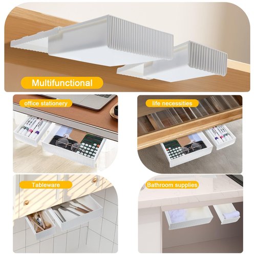 Prasacco 2 Pcs Under Desk Drawer Slide Out Under Desk Storage Drawers Organizer Hidden Adhesive Drawers for Cabinets Table Shelf Drawer Attachment for Office/Home/Classroom, White