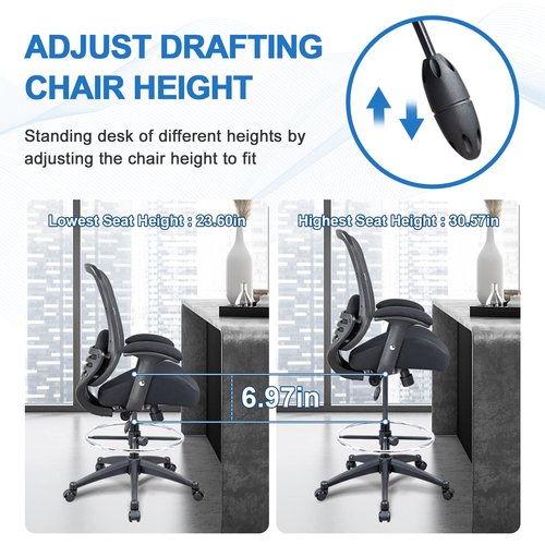 LONGBOSS Drafting Chair Mesh Computer Tall Office Chair, Standing Desk Stool with Lumbar Support Pillow, Height Adjustable Armrest and Adjustable Foot Ring (LBS-2810D, Black)