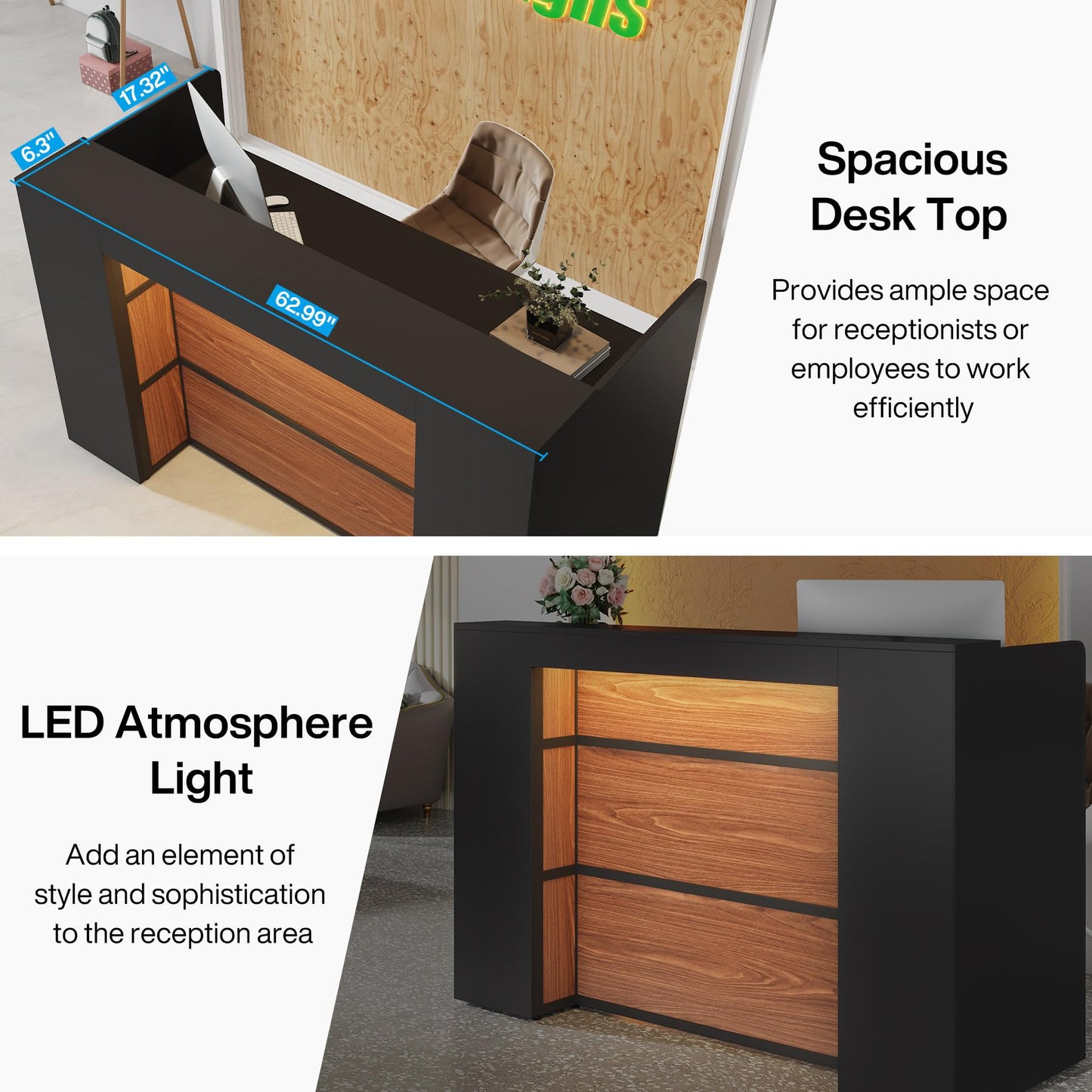 Tribesigns Modern Reception Desk with LED Lights, 63 Inches Front Counter Table for Reception Room (Black&Brown)