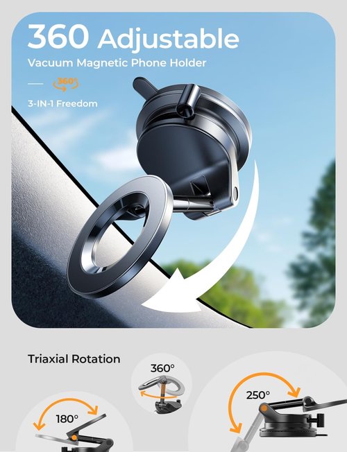 LISEN Suction Cup Phone Mount, Vacuum Magnetic Phone Holder, 360° Adjustable for MagSafe Car Holder Foldable Suction Phone Mount for Car, for Garmin GPS/Mirror/Smooth Surface, for iPhone 16 Pro Max 15