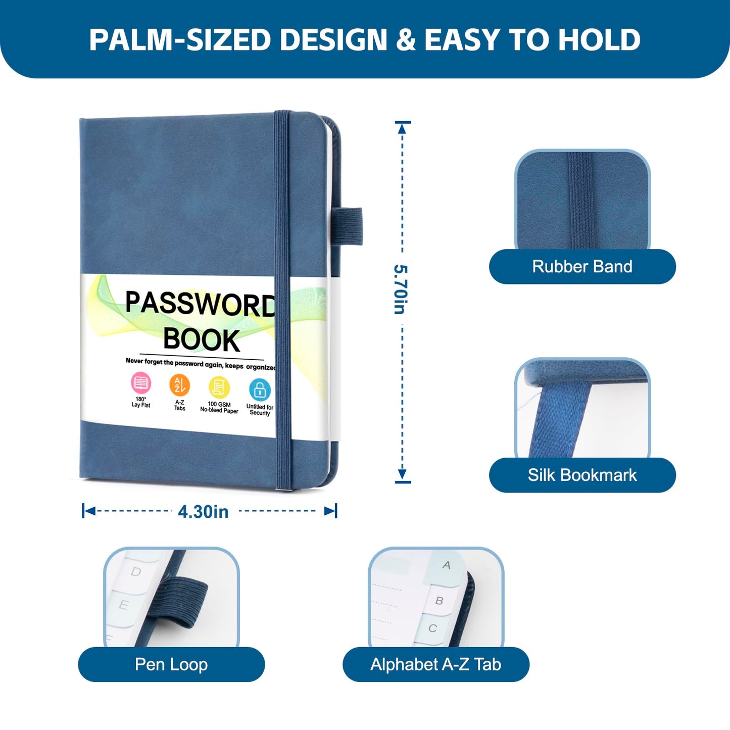 MOSA BEAR Password Keeper Book with Alphabetical Tabs，4.3"x5.7" Small Password Books for Seniors Password Notebook for Internet Website Address Log in Detail（Dark Blue）