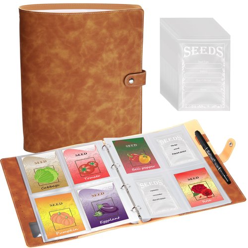 BmBpWOW Garden Seed Storage Organizer Binder: 100 Resealable Envelopes + 25 Sheet 100 Pockets Protectors | Durable Organizer for Seed Packets, Saving & Planting - Brown
