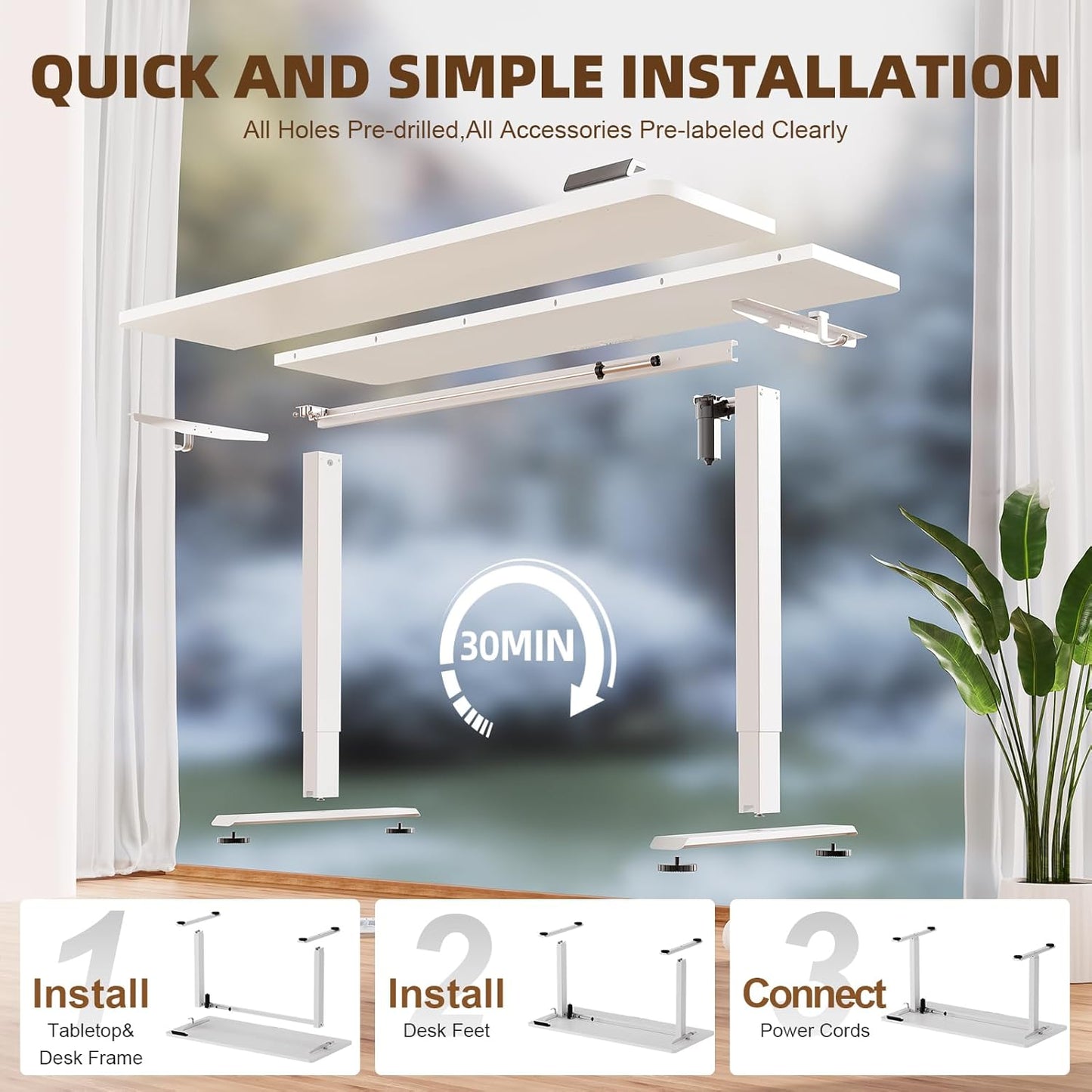 Veken 55-Inch Electric Standing Desk - Height Adjustable Home Office Table | White Wooden Desktop