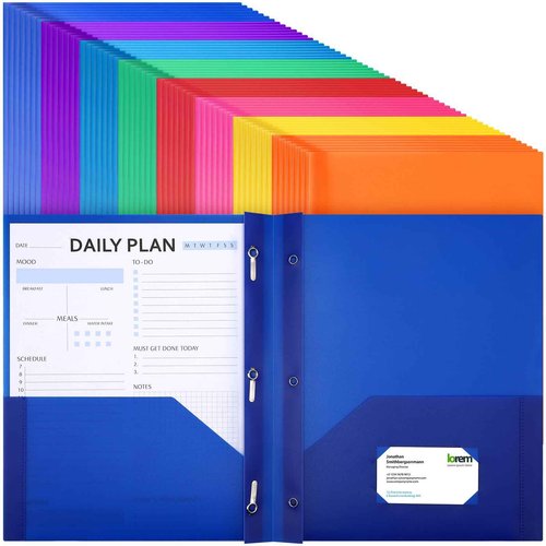 Cholemy 72 Packs Pocket Folders with Prongs Heavy Duty Plastic Folder with Business Card Slot 3 Prong Fasteners for School Office (Cute)