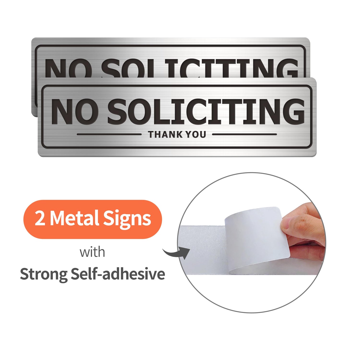 No Soliciting Sign - Door Signs for House Business and Office Wall - Aluminum Metal with Strong Self Adhesive (2 Pack, Silver 7×2 inches)