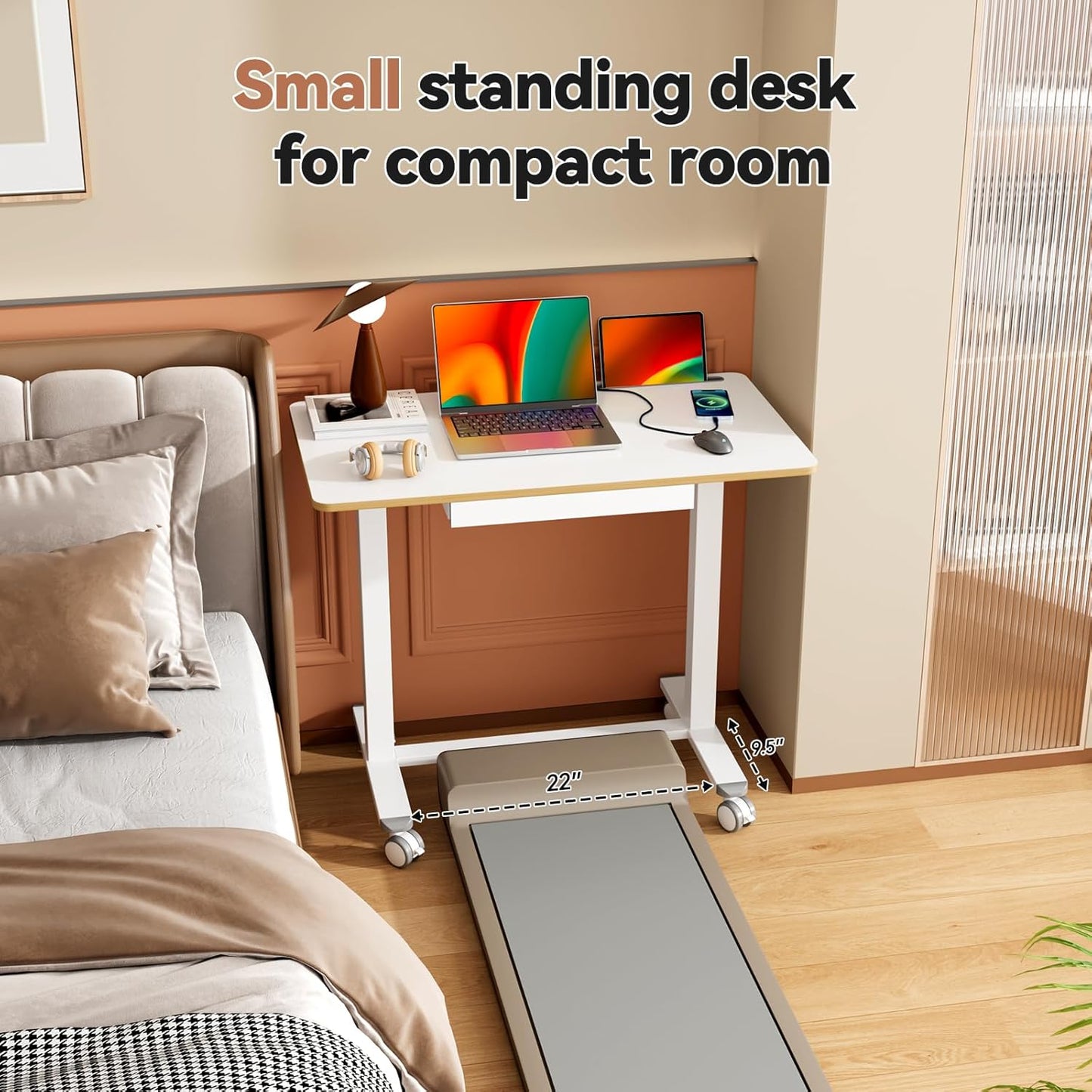 Skiennix Mobile Standing Desk - 35-Inch Height Adjustable Sit-Stand Workstation | White Portable Laptop Cart with Drawer