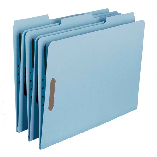 Smead 100% Recycled Pressboard Fastener File Folder, 2 Fasteners, 1/3-Cut Tab, 2" Expansion, Letter Size, Blue, 25 per Box (15001)