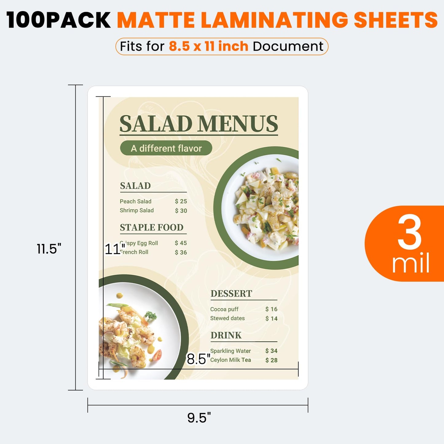 CAREGY Matte Laminating Sheets,100 Pack 9 x 11.5 Inches,3 Mil Thick,Ultra Clear with Matte Finish, Fitted for Letter Size Thermal Laminating Pouches 8.5 x 11