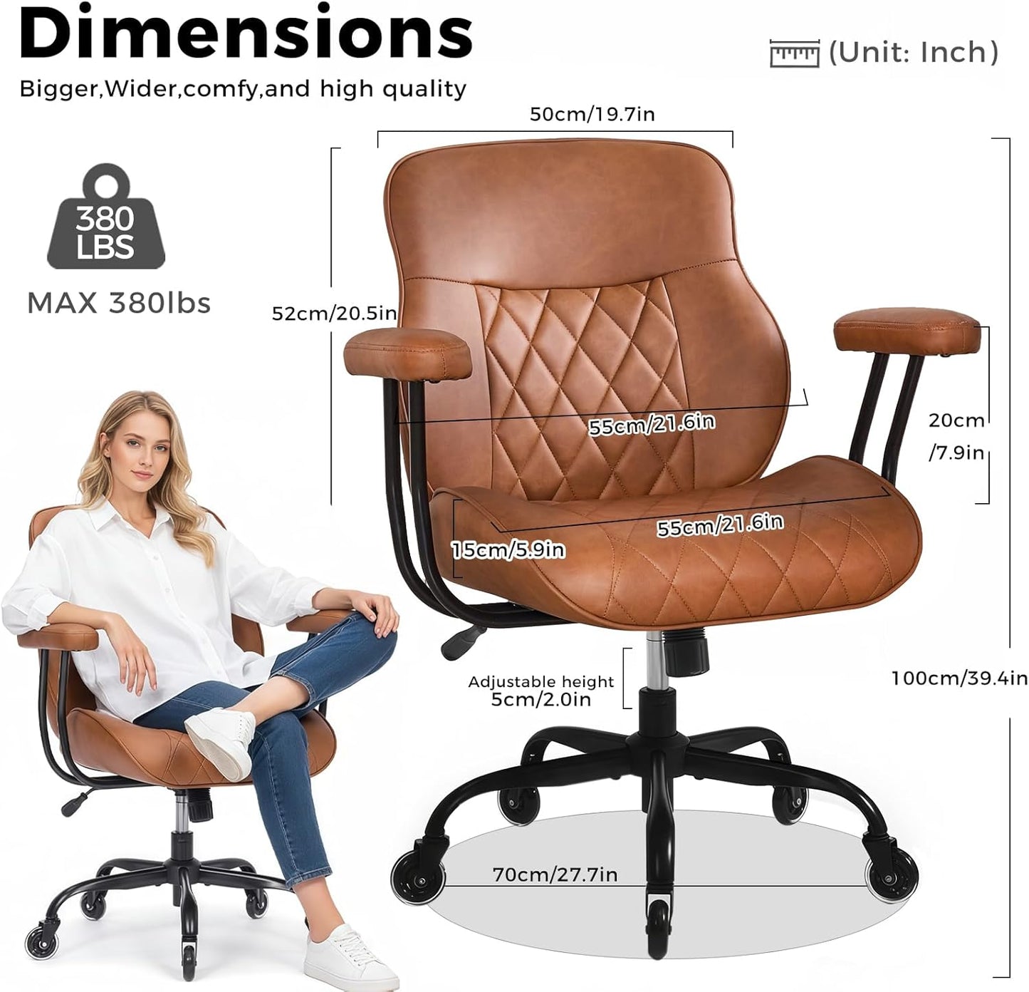 BEWISHOME Brown Leather Office Chair - Ergonomic Design with Lumbar Support & Adjustable Height | 360° Swivel
