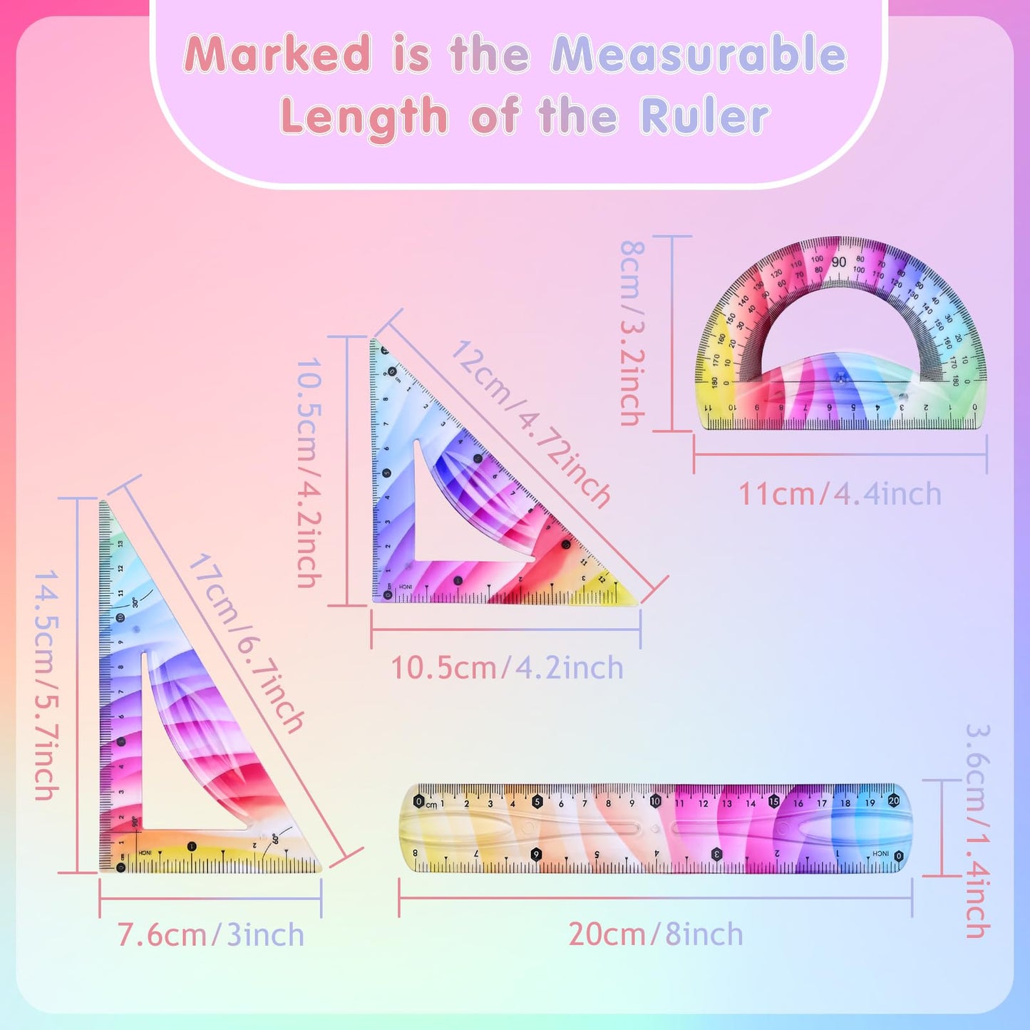 Valtiner 4 Pcs Flexible Rulers Set, Colorful Geometry Kit, Plastic Bendable Shatterproof Soft Rulers, Clear Ruler 20 cm/ 8 Inch, Triangle Rulers and Protractor for Back to School Supplies (8 Inch)