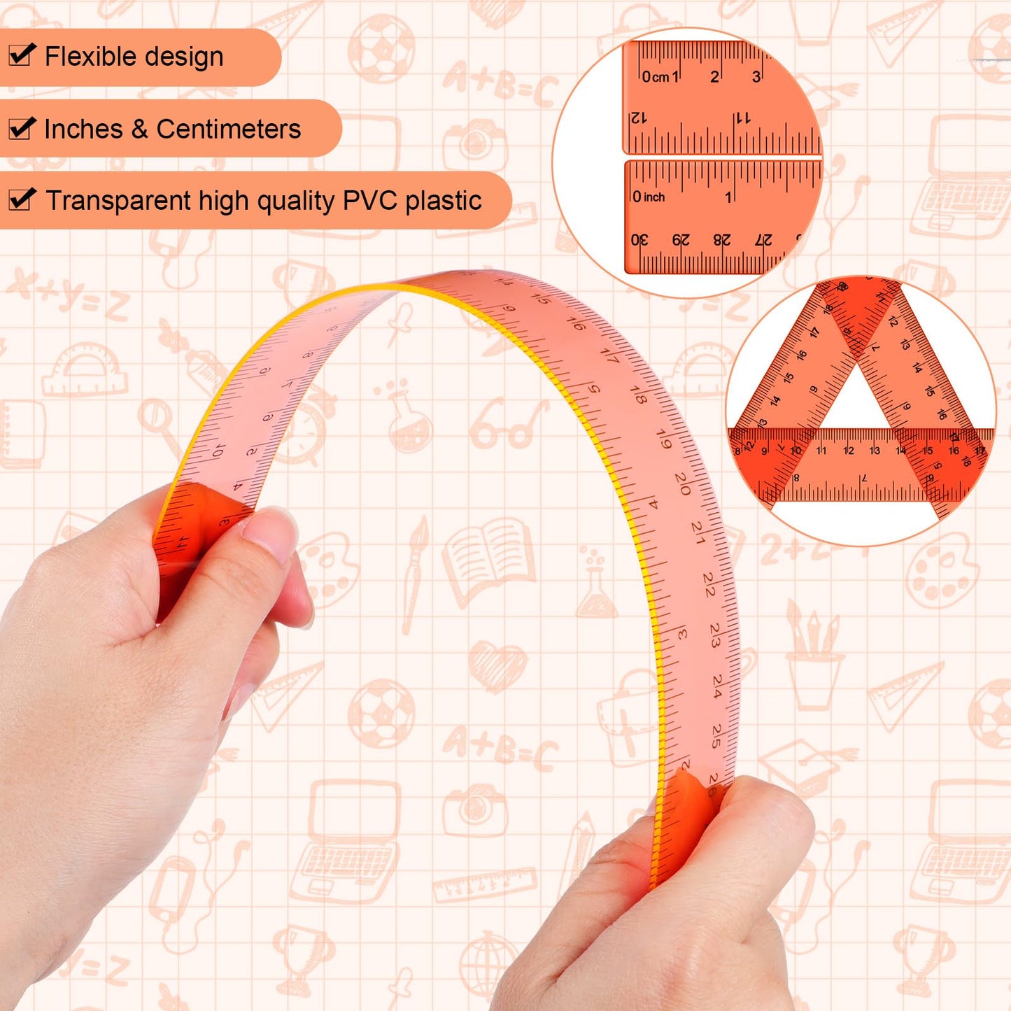 Zonon 2 Pcs 12 Inch Clear Ruler and 6 Inch Plastic Protractor Set, Dual Scale Inch/Cm Math Geometry Measuring Tools for Back to School Students Teachers Classroom Office Drafting Use(Orange)